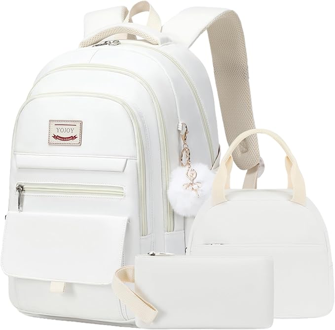 School Bag for Teens Girls,Girls Backpack Set,3 PCS Kids Backpack for Women,15.6 Inch Laptop Middle High School College Student Casual Travel Daypack with Lunch Box Pencil Pouch Set(Beige)