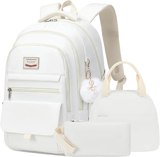 School Bag for Teens Girls,Girls Backpack Set,3 PCS Kids Backpack for Women,15.6 Inch Laptop Middle High School College Student Casual Travel Daypack with Lunch Box Pencil Pouch Set(Beige)