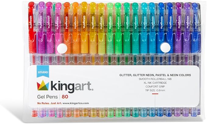 KINGART GLITTER Rollerball GEL PENS, 80 Sparkling Colors with Soft-Grip Comfort, XL Ink Cartridge - For Coloring, Doodling, Scrapbooking, Journaling and General Use, All Ages, 80 Pens