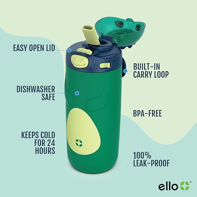 Ello Ellies 12oz Vacuum Insulated Stainless Steel Kids Water Bottle with Straw and Built-in Carrying Handle & Leak-Proof Locking Lid for School Backpack, Lunchbox & Outdoor Sports, Dino (Pack of 6)