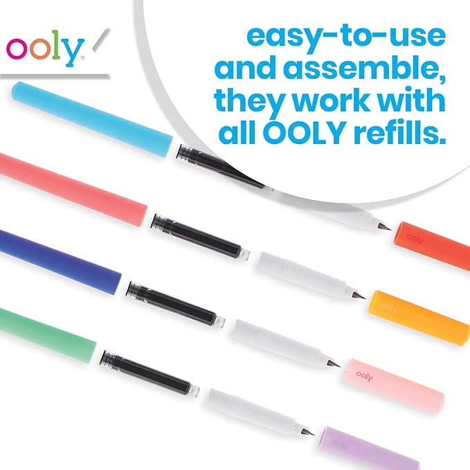 Ooly Fab Fountain Pen Pack of 4 Black Ink Pens, Includes 4 Black Fountain Pens that Use Refillable Ink Cartridges, Fine Fountain Tip Pens for Calligraphy Drawing, School Supplies