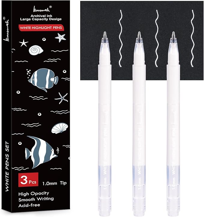 White Gel Pen Set, 1mm Gel Ink Pens Opaque White Archival Ink Pens for Black Paper Drawing, Sketching, Illustration, Card Making, Bullet Journaling,3 Pack