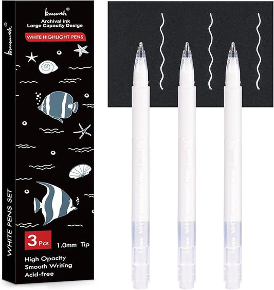 White Gel Pen Set, 1mm Gel Ink Pens Opaque White Archival Ink Pens for Black Paper Drawing, Sketching, Illustration, Card Making, Bullet Journaling,3 Pack