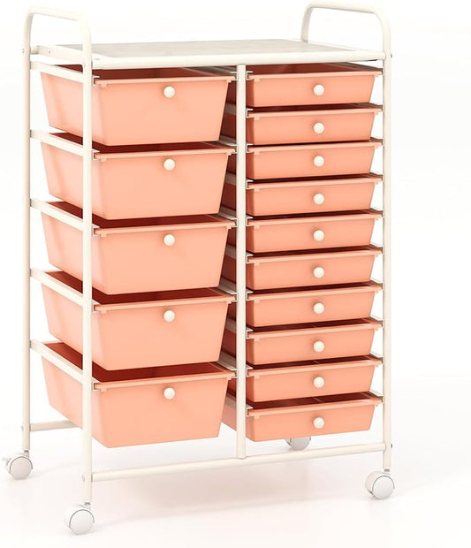 COSTWAY 15 Drawer Rolling Storage Cart, Mobile Utility Cart with Lockable Wheels, Drawers, Multipurpose Organizer Cart for Home, Office, School, Peach