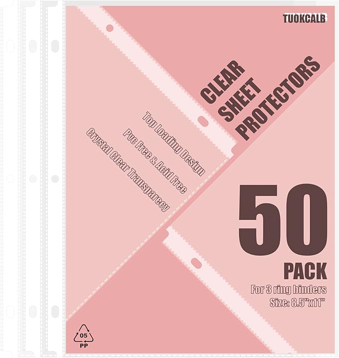 50 Pack Clear Sheet Protectors for 3 Ring Binder, Polypropylene Acid-Free Material, 8.5 x 11 Inch Letter Size, Protector of Your Documents