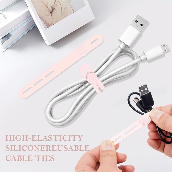 Donruby 30Pcs Silicone Cable Ties - Reusable & Washable with Adjustable Locking Buckles, High Elasticity Cable Management Straps for Home, Office, School, Travel Essential Cord Organizer (Pink)