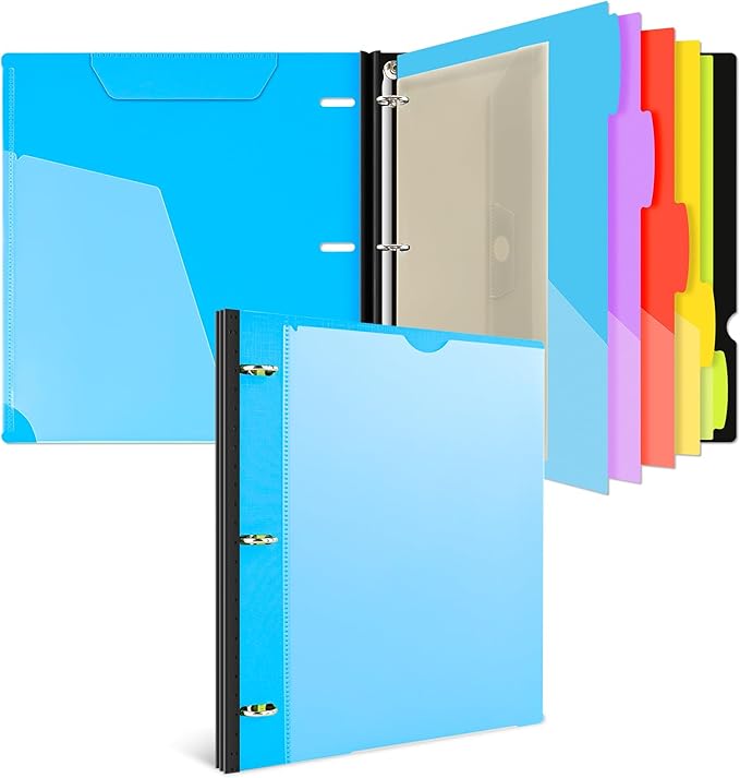 INFUN 1 Inch 3-Ring Telescoping Project Organizer Binder,13 Pocket, Customizable Front Cover, 5 Colors Pocket Divider and Plastic Binder Pocket，225 Sheet Capacity-Blue
