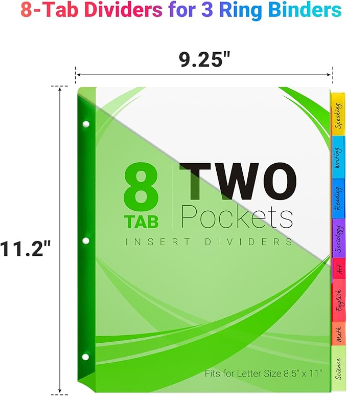 8-Tab Dividers for 3-Ring Binders, 16 Counts 3 Holes Index Dividers with 2 Pockets, Insertable 8 Tabs Binder Divider for 1/2''/1''/2''/3'' inch Binders, 8 Colors (2)