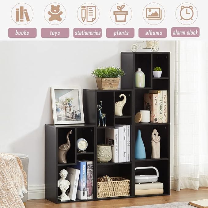 VECELO Small Bookshelf, 3 Cube Shelf, Fits Tallest Hardcovers, Horizontal Available, Modern Storage Organzier for Small Spaces, Black