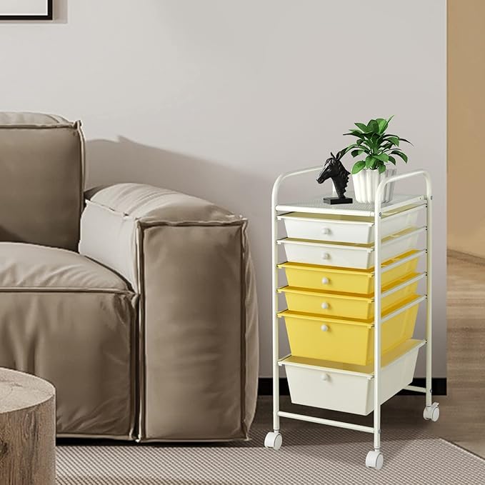 COSTWAY 6-Drawer Rolling Storage Cart, Multifunctional Art Craft Tools Organizer on Wheels, Heavy Duty Utility Mobile Storage Trolley w/ 2 Lockable Wheels for Home Office School (Yellow, Beige & Grey)