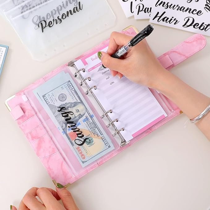 SKYDUE Budget Binder, Money Saving Binder with Zipper Envelopes, Cash Envelopes and Expense Budget Sheets for Budgeting (Mabblepink)