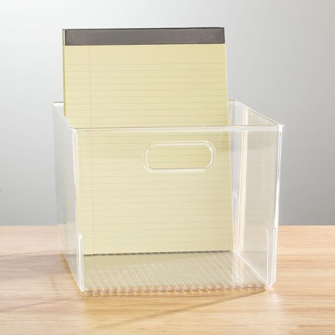 mDesign Large Plastic Office Storage Organizer Container Bin with Handles - Basket for Cabinet, Cupboard, Desk, Closet and Shelf Organization - Holds Notebook, Books, Files, Ligne Collection - Clear