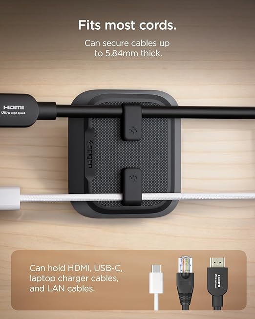 Spigen Magnetic Cable Holder Universal Cable Organizer with Magnetic-Clips Works with All Chargers, Cords Including USB-C, Lightning, HDMI, Apple Watch Chargers and More, LD103 - Black