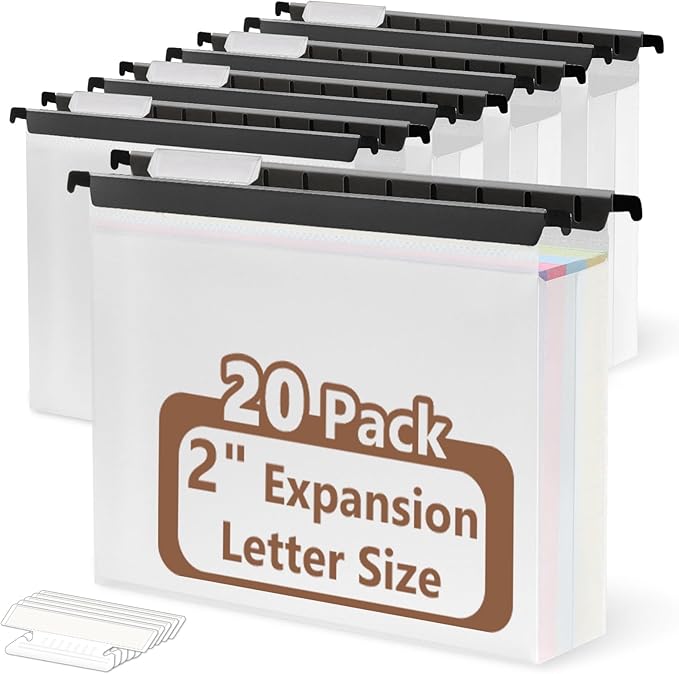 20 Pcs Extra Capacity Plastic Hanging File Folder Letter Size File Folder Reinforced Tabs with Heavy Duty 2 Inch Expansion and Black Insert Gasket for Filing Cabinet Durable Hang Folders (2 INCH, 20)