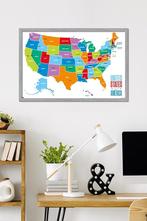 Trends International Map - United States Of America 2022 Wall Poster, 34L x 22.4W, Gray Framed Version