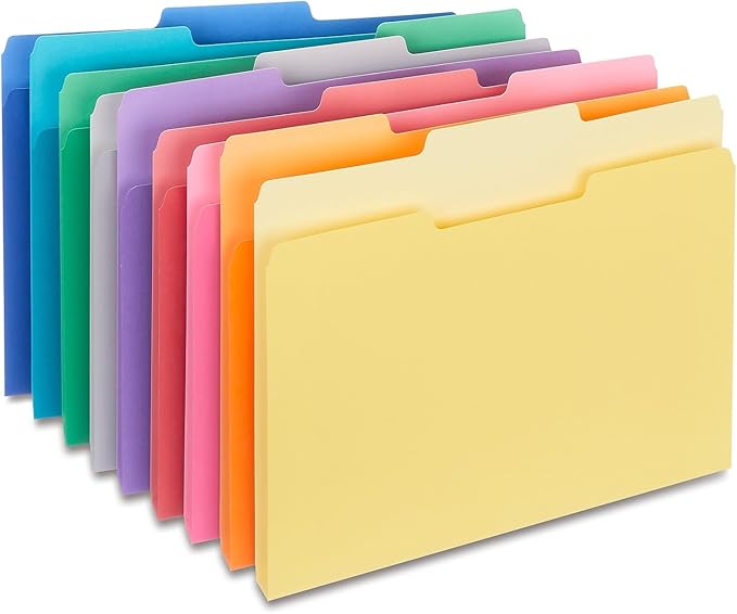 Staples File Folders, Letter Size, 1/3‑Cut Tabs, Assorted Colors, Durable 10.5‑Point Paper Stock, 100/Pack