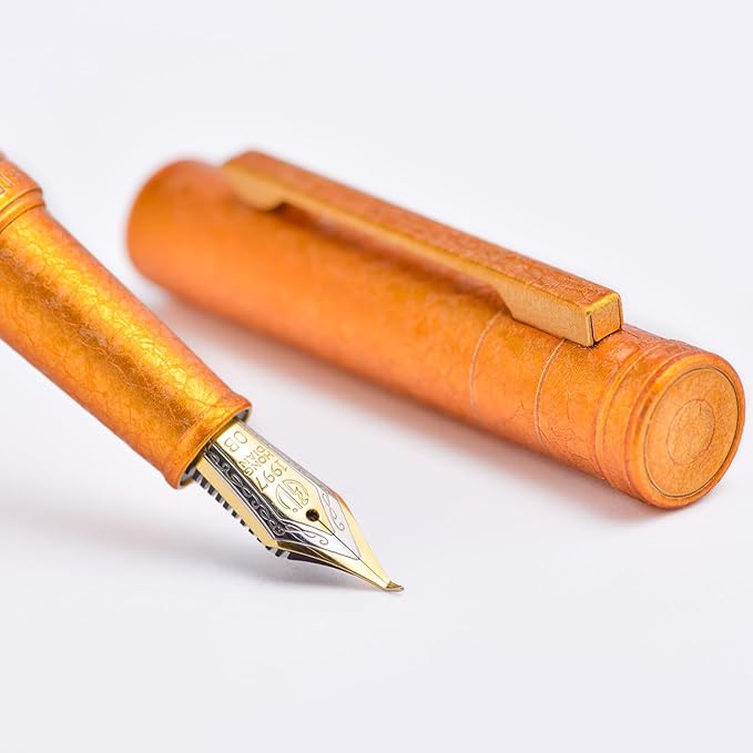 Hongdian 1851 Forest Fountain Pen Golden Ice Flowers, Bent Nib Classic Design with Converter and Metal Pen Case