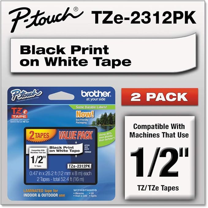 Brother P-Touch TZE2312PK Tze Standard Adhesive 0.47 in. x 26.2 ft. Laminated Labeling Tapes - Black On White (2/Pack)