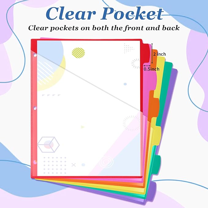 Epakh 24 Pcs Binder Dividers for 3 Rings Binders Index Dividers with Two Clear Pockets Plastics Sheets Protectors with Tab Labels for School Office Organization (Colorful)