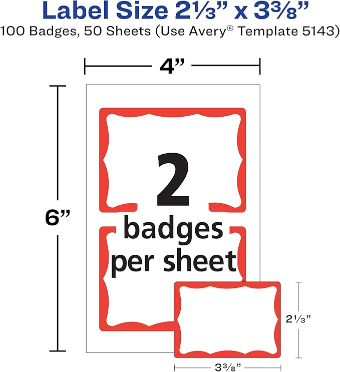 Avery Name Tags, White with Red Border, Packs of 100 per Pack, 18 Packs, 1,800 Removable Name Badges Total (05143)