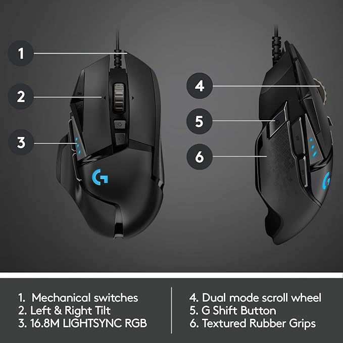 Logitech G502 Hero High Performance Wired Gaming Mouse, Hero 25K Sensor, 25,600 DPI, RGB, Adjustable Weights, 11 Programmable Buttons, On-Board Memory, PC/Mac - Black