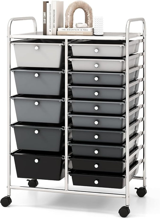 COSTWAY 15 Drawers Storage Cart, Multipurpose Rolling Utility Cart on Wheels w/Lockable Wheels & Removable Drawers, Mobile Tools Scrapbook Paper Organizer Cart for Office School Home, Mixed Black