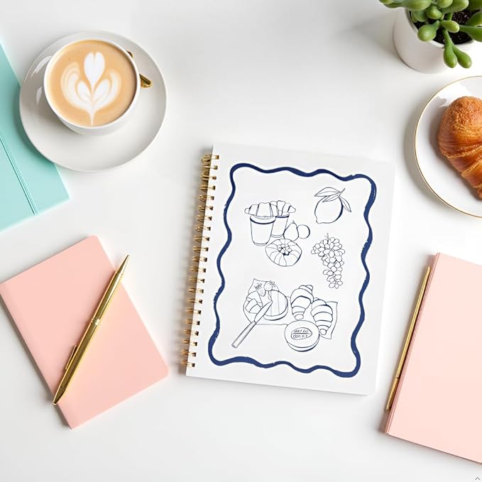 Pearhead Euro Breakfast Hardcover Spiral Notebook, 8x10 College-Ruled Lined Journal with Perforated Pages, 200 Pages for Planning, Work & School