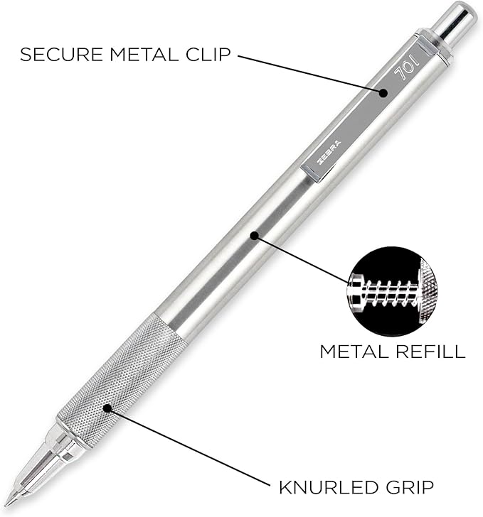 Zebra Pen F-701 Ballpoint Black Ink Fine Point 0.8mm Pen, Heavy Duty, Durable Stainless Steel Barrel, Knurled Grip, Silent Retractable Plunger, Ideal for Tactical Use, 1-Pack (29411)