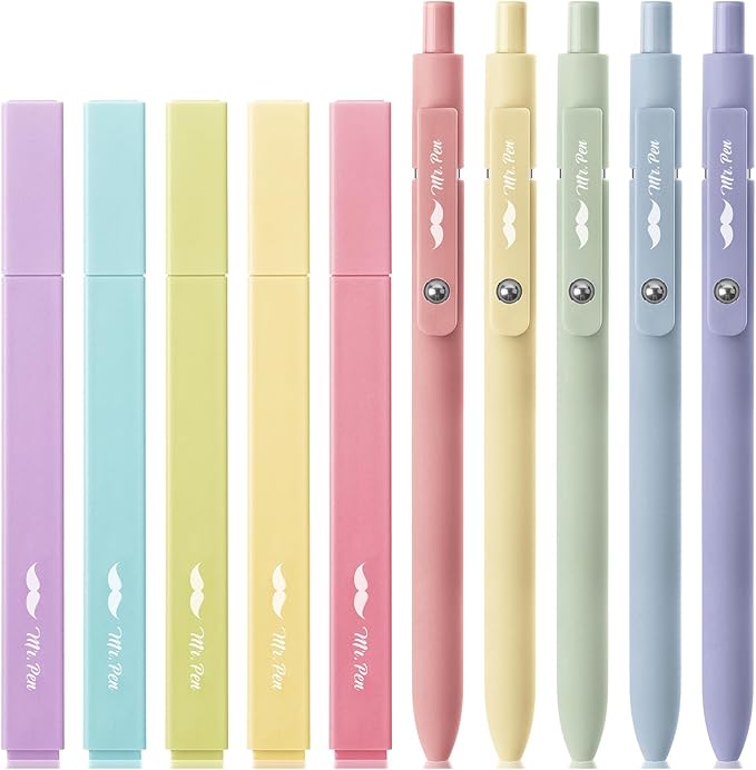 Mr. Pen- Aesthetic Highlighters and Gel Pens, 10 Pack, Assorted Color Bible No Bleed, Black Ink, Highlighter for Bibles
