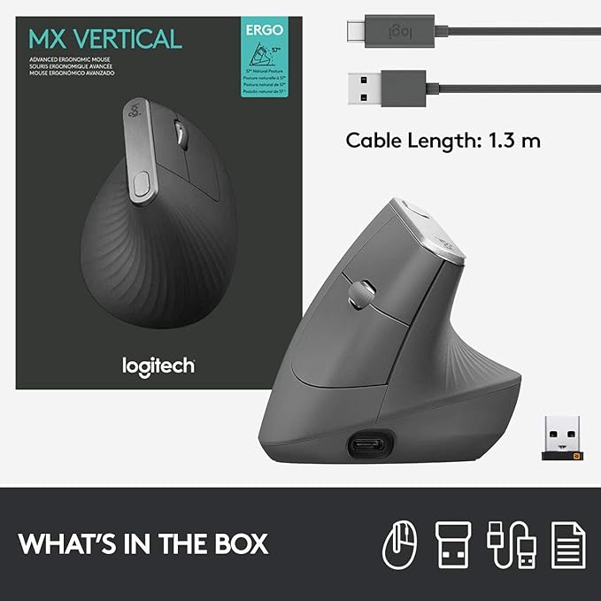 logitech MX Vertical Advanced Ergonomic Mouse, Wireless via Bluetooth or Included USB Receiver (Renewed)