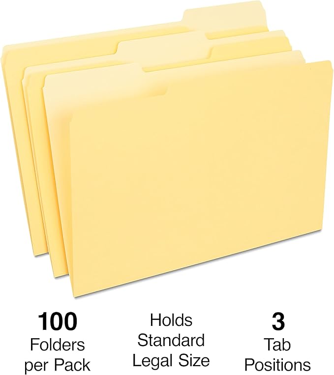 Staples File Folders, Legal Size, 1/3‑Cut Tabs, Yellow, Durable Paper Stock, 200/Carton