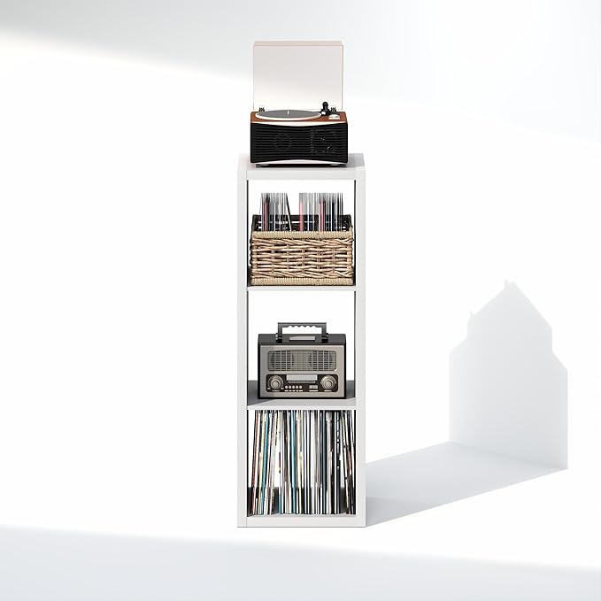 Furinno Cubicle Record Player Stand with Vinyl Storage, 3-Cube 1.2 Extra Thick Vinyl Record Storage, Open Back Media Shelf for CD DVD Blueray Game Disc, for Living Room, Home Office, White