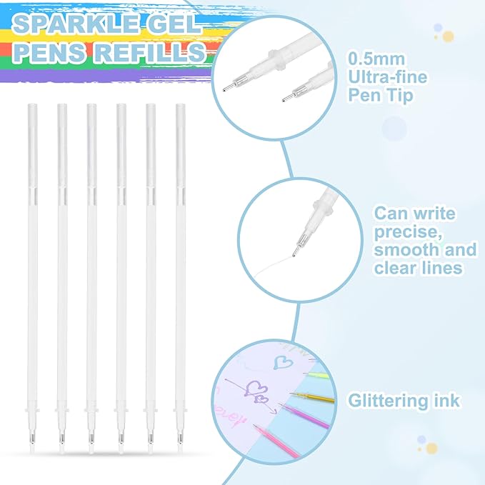 PATIKIL 0.5mm Gel Pens Refills, 24 Pack Glitter Gel Pens Sparkle Metallic Ink Fine Point Colored Refill Set for Adults Coloring Books Journaling Scrapbooking Art Drawing, White