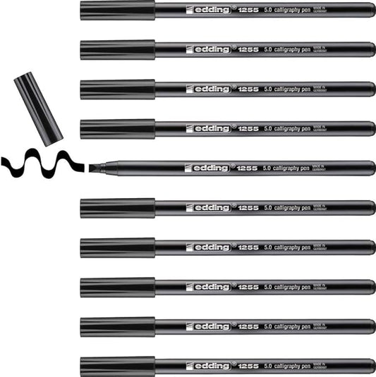 edding 1255 Calligraphy Pen - Black - Box of 10 - Calligraphy Nib 5 mm - Fibre Pen for Paper, Wood, Terracotta, Canvas - Hand Lettering, Bullet journals, Thank You Cards, Calligraphy Books