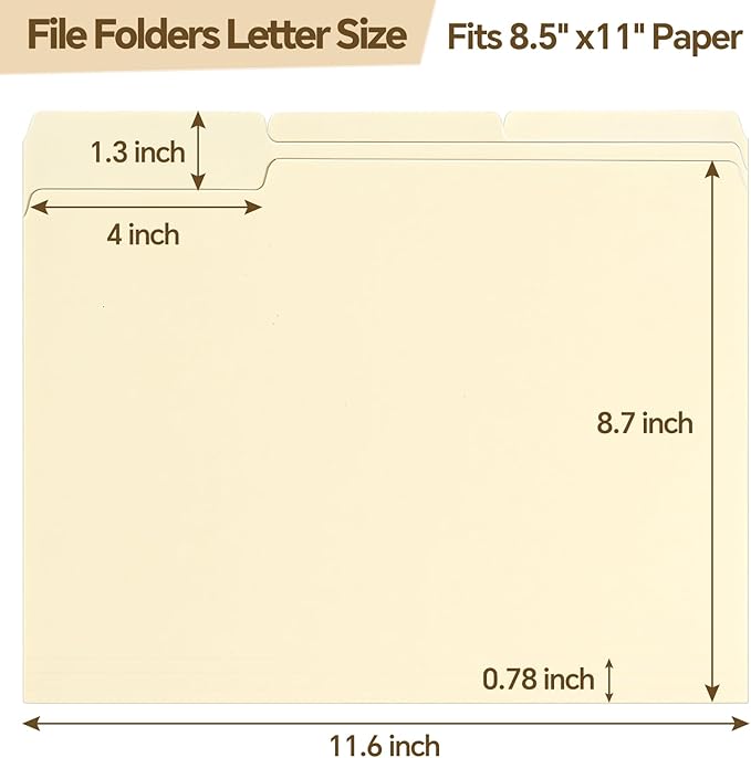 File Folders,50 Pack Manilla Folders 8.5x11,1/3 Cut Tabs Manila File Folders Letter Size for Easy Labeling and Organization,Vanilla Folders Great for Documents Home School Classroom Office Supplies