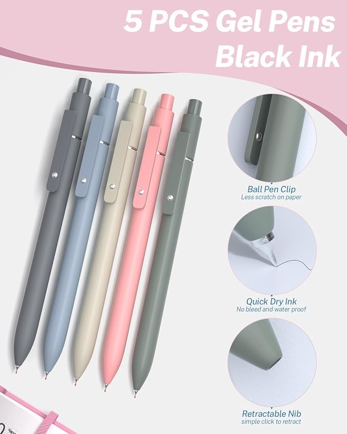 43PCS Aesthetic School Supplies with Pen Case, 5 Black Ink Gel Pens, 12 Pastel Highlighters, 6 Mechanical Pencil Set 0.5 & 0.7 & 0.9 mm, Back To School Supplies for Students Stationary