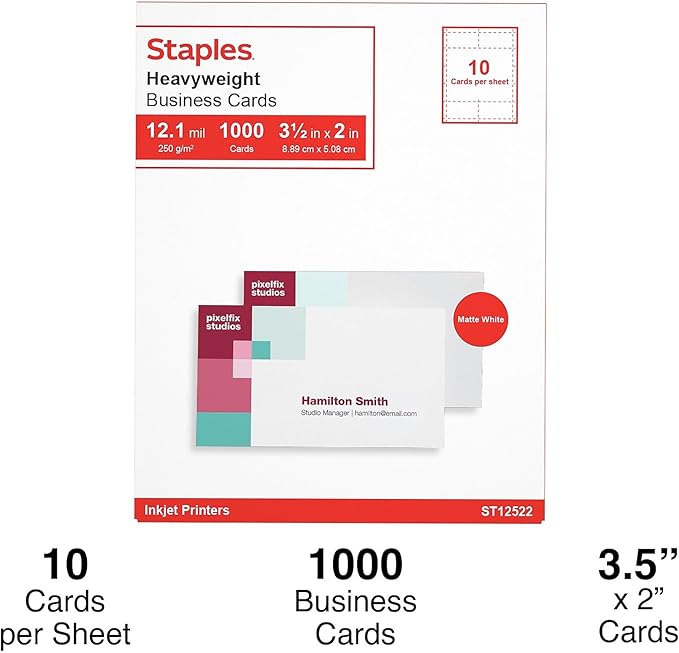 Staples Inkjet Business Cards, Matte White, 3.5 x 2 Inch, Heavyweight Cardstock, Printable Business Card Paper, Compatible with Inkjet Printers and Avery Templates, 1000 Cards