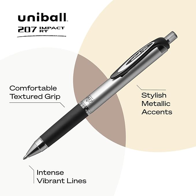 Uni-Ball® 207™ Impact™ Gel Pens,Bold Point,1.0 mm,Black; Gray Barrel,Black Ink,12 Count (Pack of 12)