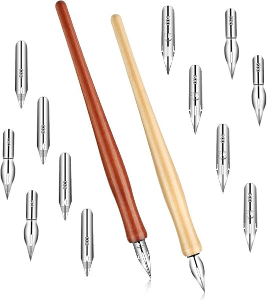 12 PCS Oblique Calligraphy Dip Pen Set Dip Pens Nib Speedball Pens Include Calligraphy Oblique Pen Holder or Straight Holder Replacement Nibs for Painting Signing Writing Present