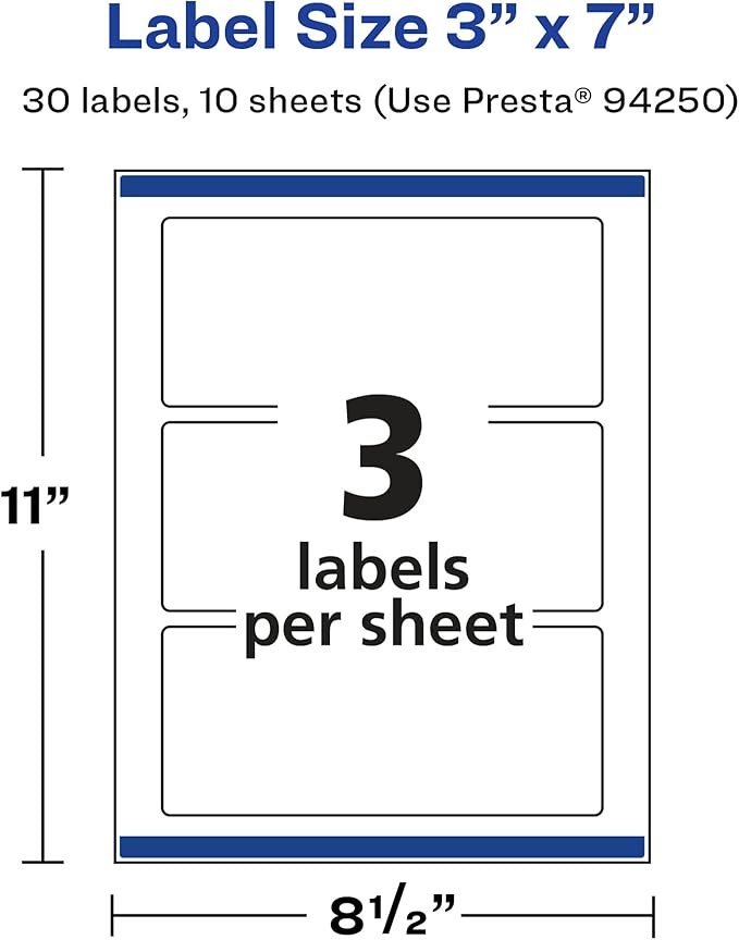 Avery Glossy White Rectangle Labels, Sure Feed Technology, 3" x 7", 30 Glossy White Labels, Print-to-The-Edge, Permanent Adhesive, Laser/Inkjet Printable