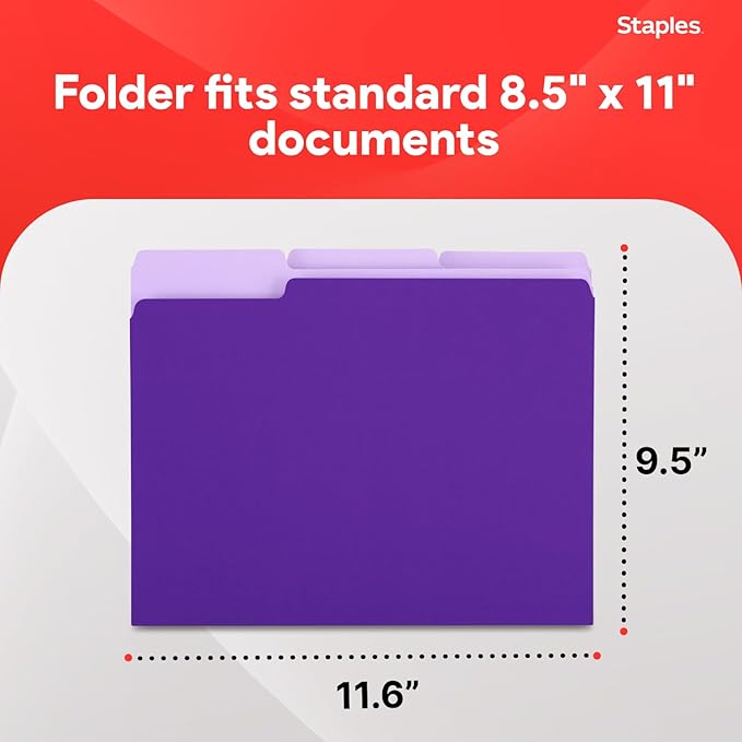 Staples File Folders, Letter Size, 1/3‑Cut Tabs, Purple, Durable 10.5‑Point Paper Stock, 100/Pack