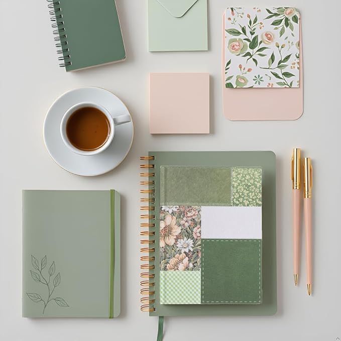 Pearhead Green Patchwork Fabric Hardcover Journal, 6x8 College-Ruled Lined Notebook, 200 Pages, Boho Writing Journal for School, Work & Personal Use