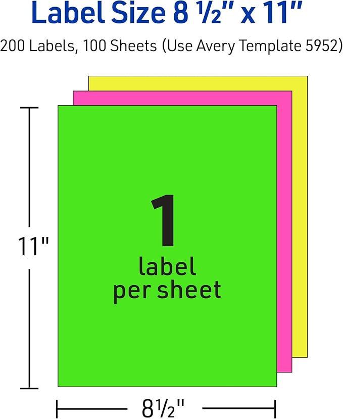Avery Printable Shipping Labels, 8-1/2" x 11", Assorted Neon Colors (Magenta, Green, and Yellow), Laser & Inkjet Compatible, 15 Blank Labels Total (5975)