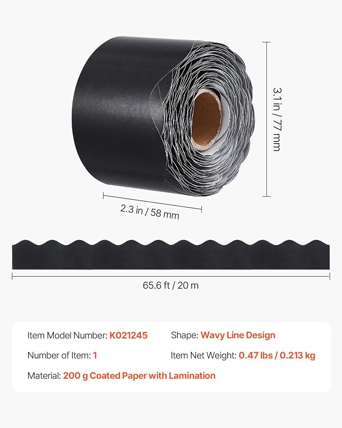 VEVOR Bulletin Board Border, 65.6 Feet Rolled Border Trim, Scalloped Bulletin Board Paper with Wavy Line Design, Classroom Border for Bulletin Board, School, Classroom, and Locker Decoration, Black