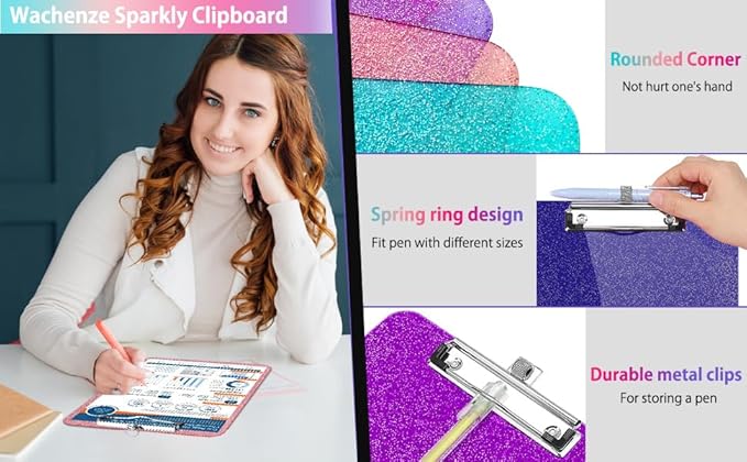 Sparkly Clipboard with Pen Holder, Clear Plastic Glitter Clip Board, Hanging Shiny Clipboards with Low Profile Metal Clip, Letter A4 Size for Taecher Women Office School (Navy Blue)