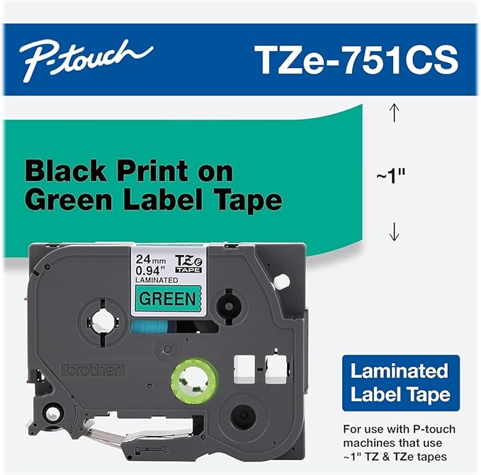 Brother Genuine P-touch, TZe-751CS, 0.94” x 26.2’, Black on Green Laminated Label Tape