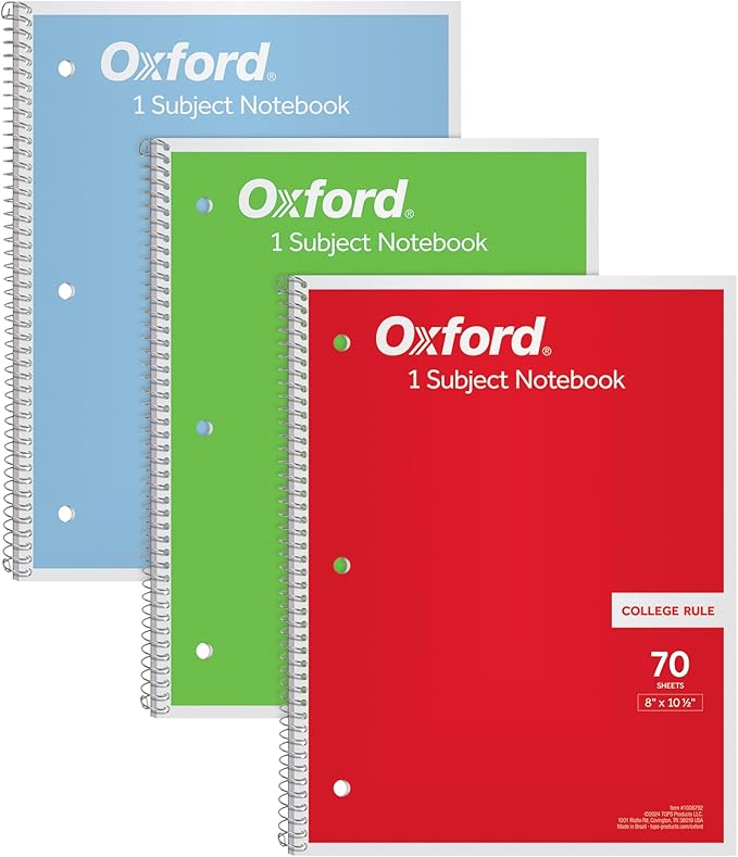 Oxford 1-Subject Notebooks, Notebooks for School, 8 x 10.5 Inches, College Rule, 70 Sheets, Assorted Primary Colors, Colors May Vary (1006792), (Pack of 24)