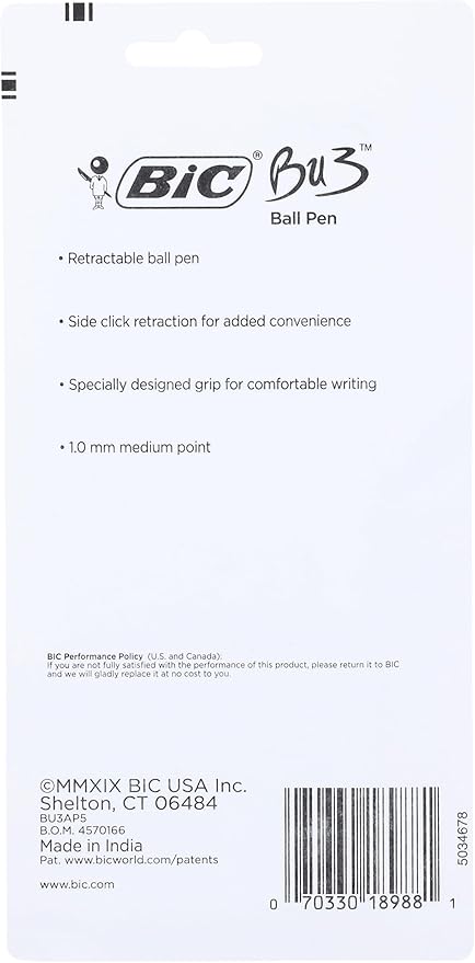 BIC BU3 Retractable Ball Pen, Medium Point (1.0 mm), Assorted Colors, 5-Count