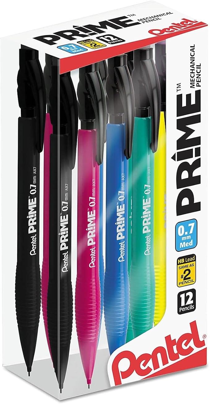 Pentel Prime Mechanical Pencil 0.7mm, Assorted Barrels Clear Box of 12 (AX7PC12M), Black