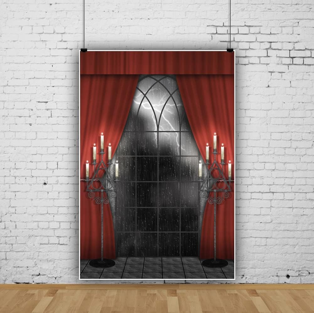 Renaiss 6x9ft Vintage Gothic Window Backdrop Red Curtain Candlestick Black Floor Lightning Stormy Sky Vampire Medieval Castle Photography Background Halloween Dress Up Party Decors Photo Booth Props